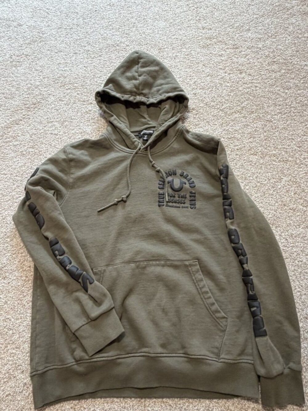 True Religion Brand Jeans Logo Olive Green Pullover Hoodie Sweatshirt Mens Large
